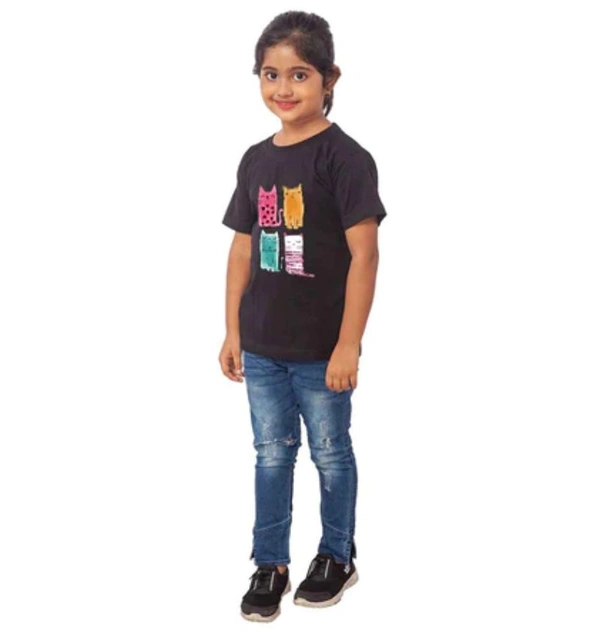 Girls Cotton Cat Half Sleeve TShirt (Black) - L, 0.25, Black