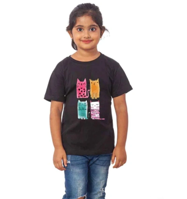 Girls Cotton Cat Half Sleeve TShirt (Black) - L, 0.25, Black