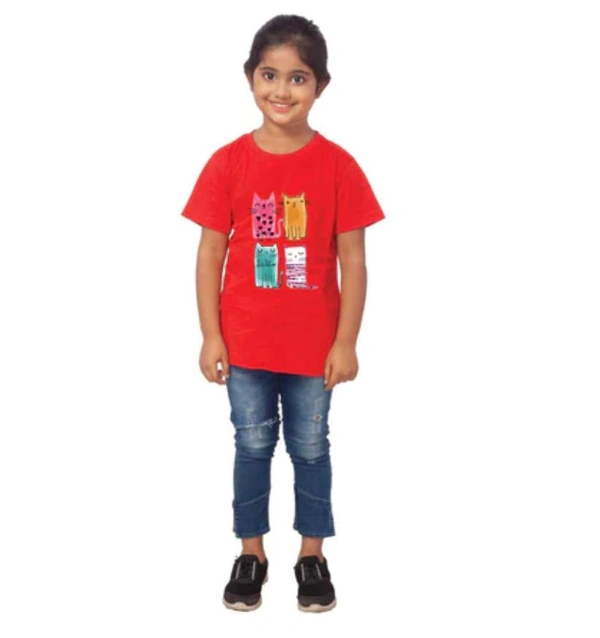 Girls Cotton Cat Half Sleeve TShirt (Red) - M, 0.25, Red
