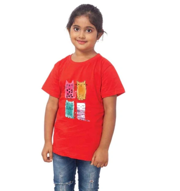 Girls Cotton Cat Half Sleeve TShirt (Red) - M, 0.25, Red