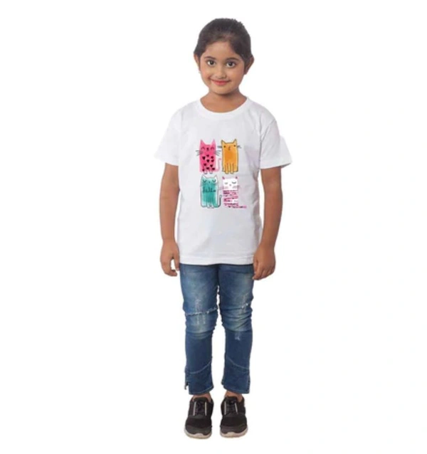 Girls Cotton Cat Half Sleeve TShirt (White) - M, 0.25, White