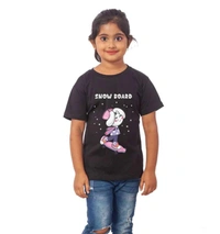 Girls Cotton Snow Board Half Sleeve TShirt (Black) - M, 0.25, Black
