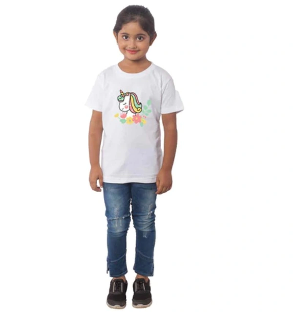 Girls Cotton Unicorn Face Half Sleeve TShirt (White) - 2XL, 0.25, White