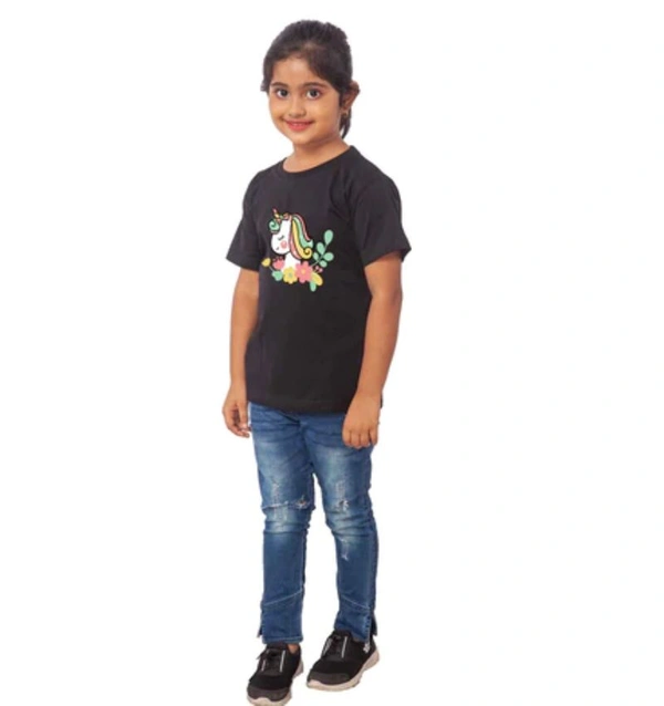 Girls Cotton Unicorn Face Half Sleeve TShirt (Black) - M, 0.25, Black