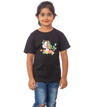 Girls Cotton Unicorn Face Half Sleeve TShirt (Black) - M, 0.25, Black