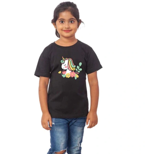 Girls Cotton Unicorn Face Half Sleeve TShirt (Black) - M, 0.25, Black