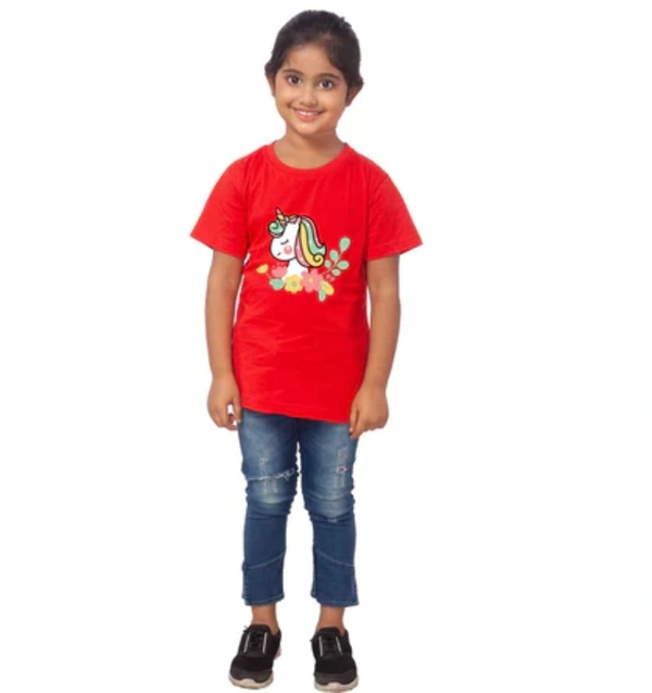 Girls Cotton Unicorn Face Half Sleeve TShirt (Red) - XL, 0.25, Red