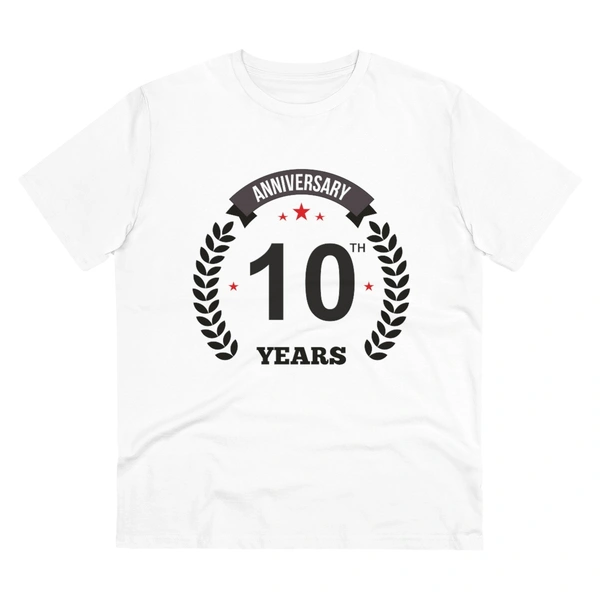 Men's PC Cotton 10th Anniversary Printed T Shirt (Color: White, Thread Count: 180GSM) - White, 0.25, Striped, S