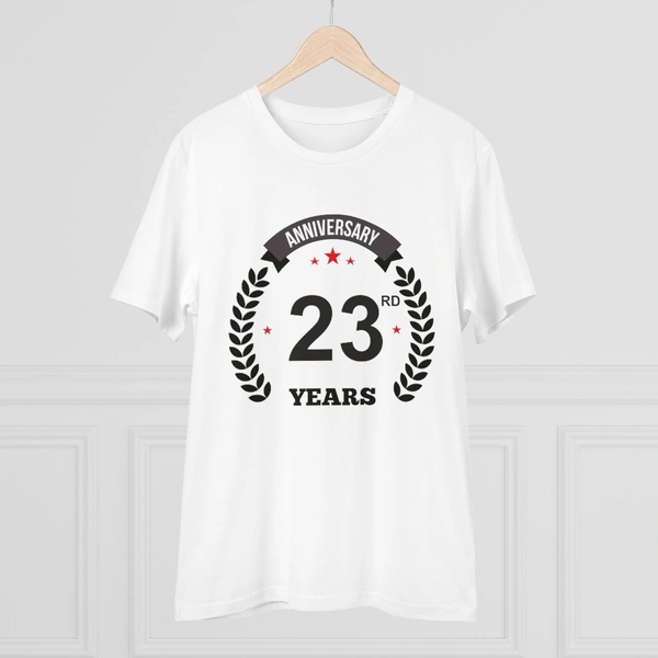 Men's PC Cotton 23rd Anniversary Printed T Shirt (Color: White, Thread Count: 180GSM) - White, 0.25, Strip Line, L