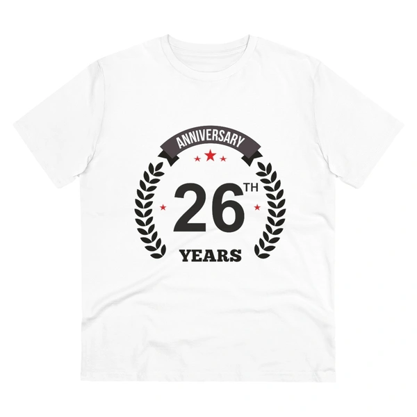 Men's PC Cotton 26th Anniversary Printed T Shirt (Color: White, Thread Count: 180GSM) - White, 0.25, Striped, L