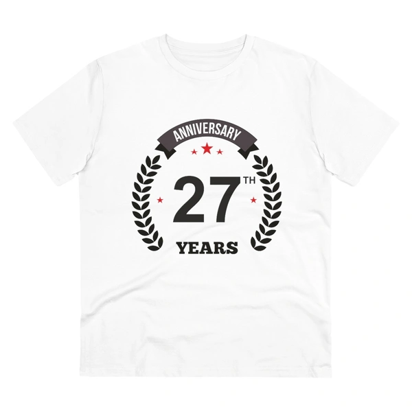 Men's PC Cotton 27th Anniversary Printed T Shirt (Color: White, Thread Count: 180GSM) - White, 0.25, Striped, S