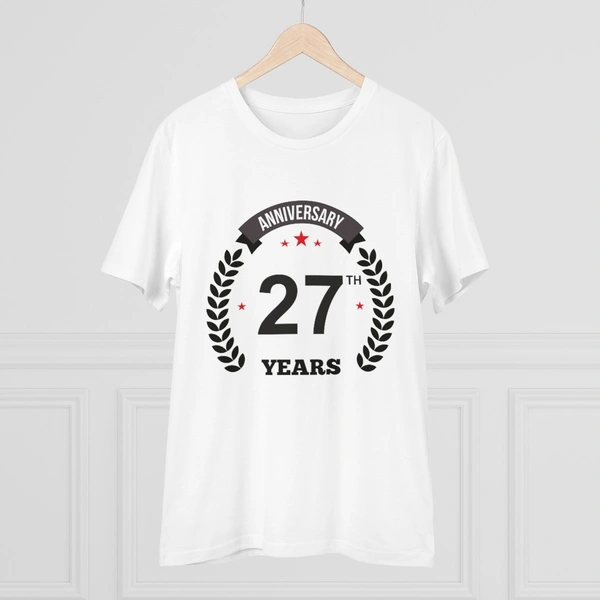 Men's PC Cotton 27th Anniversary Printed T Shirt (Color: White, Thread Count: 180GSM) - White, 0.25, Striped, S