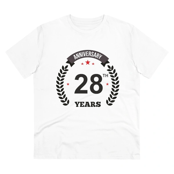 Men's PC Cotton 28th Anniversary Printed T Shirt (Color: White, Thread Count: 180GSM) - White, 0.25, Striped, M