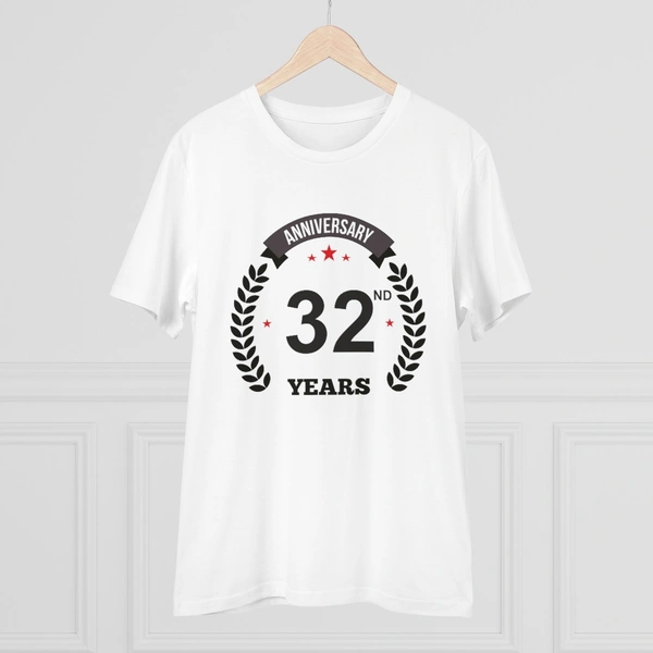 Men's PC Cotton 32nd Anniversary Printed T Shirt (Color: White, Thread Count: 180GSM) - White, 0.25, Striped, M