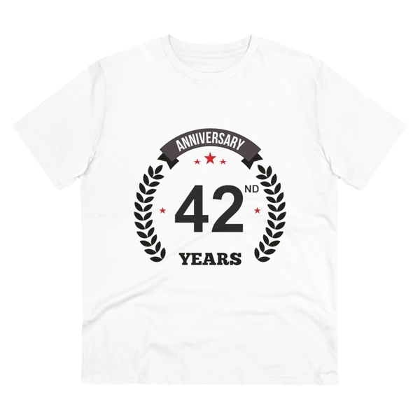 Men's PC Cotton 42nd Anniversary Printed T Shirt (Color: White, Thread Count: 180GSM) - White, 0.25, Striped, M