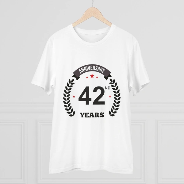 Men's PC Cotton 42nd Anniversary Printed T Shirt (Color: White, Thread Count: 180GSM) - White, 0.25, Striped, M