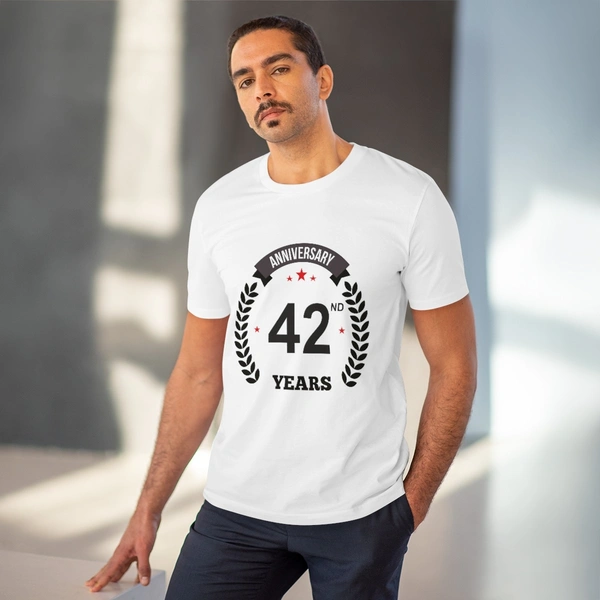 Men's PC Cotton 42nd Anniversary Printed T Shirt (Color: White, Thread Count: 180GSM) - White, 0.25, Striped, M