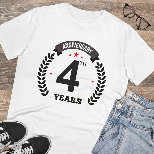 Men's PC Cotton 4th Anniversary Printed T Shirt (Color: White, Thread Count: 180GSM) - White, 0.25, Color Block, XL
