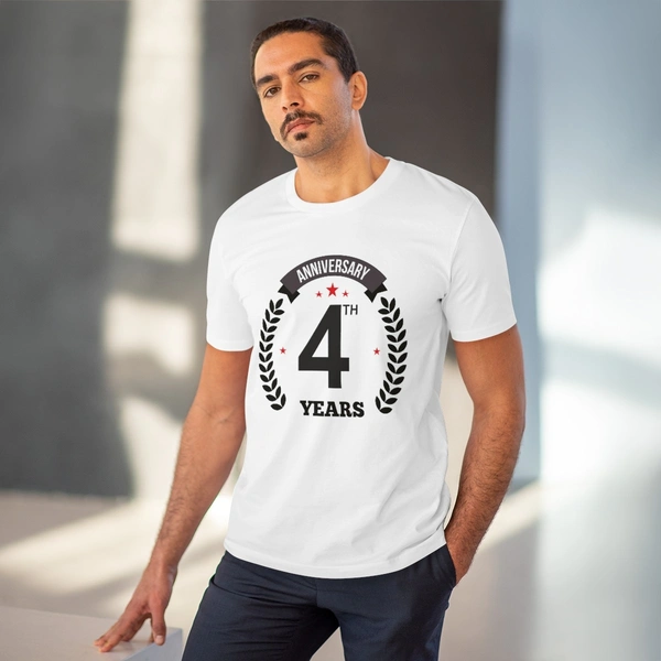 Men's PC Cotton 4th Anniversary Printed T Shirt (Color: White, Thread Count: 180GSM) - White, 0.25, Color Block, XL