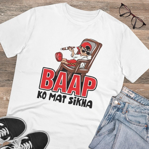 Men's PC Cotton Baap Ko Mat Sikha Printed T Shirt (Color: White, Thread Count: 180GSM) - White, 0.25, Solid, S