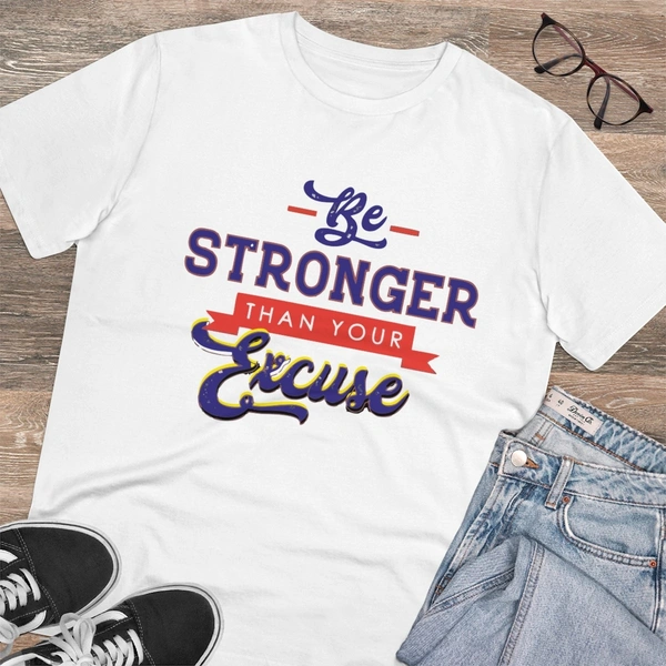 Men's PC Cotton Be Stronger Than Your Excuse Desing Printed T Shirt (Color: White, Thread Count: 180GSM) - White, 0.25, Printed, L