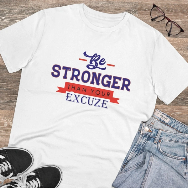 Men's PC Cotton Be Stronger Than Your Excuse Desing Printed T Shirt (Color: White, Thread Count: 180GSM) - White, 0.25, Printed, L