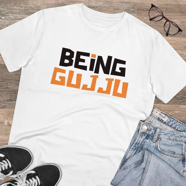 Men's PC Cotton Being Gujju Printed T Shirt (Color: White, Thread Count: 180GSM) - White, 0.25, Solid, XL