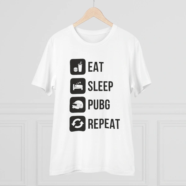 Men's PC Cotton Eat Sleep Pubg Repeat Printed T Shirt (Color: White, Thread Count: 180GSM) - White, 0.25, Printed, S