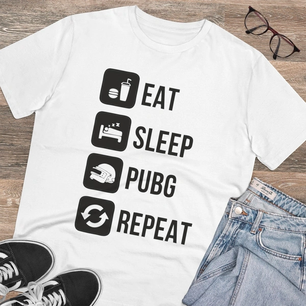 Men's PC Cotton Eat Sleep Pubg Repeat Printed T Shirt (Color: White, Thread Count: 180GSM) - White, 0.25, Printed, S