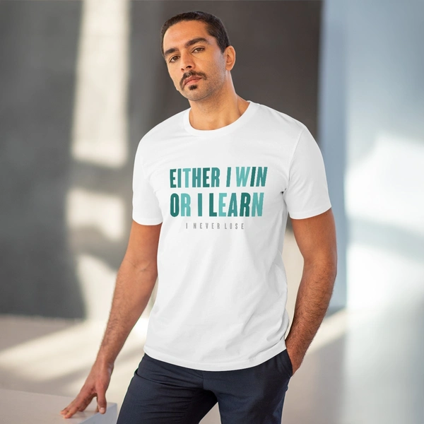 Men's PC Cotton Either I Win Or I Learn Printed T Shirt (Color: White, Thread Count: 180GSM) - White, 0.25, Printed, L