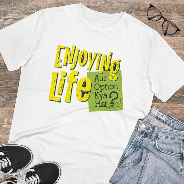 Men's PC Cotton Enjoying Life Printed T Shirt (Color: White, Thread Count: 180GSM) - White, 0.25, Solid, L