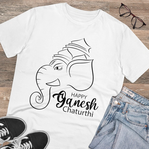 Men's PC Cotton Ganesh Printed T Shirt (Color: White, Thread Count: 180GSM) - White, 0.25, Printed, L