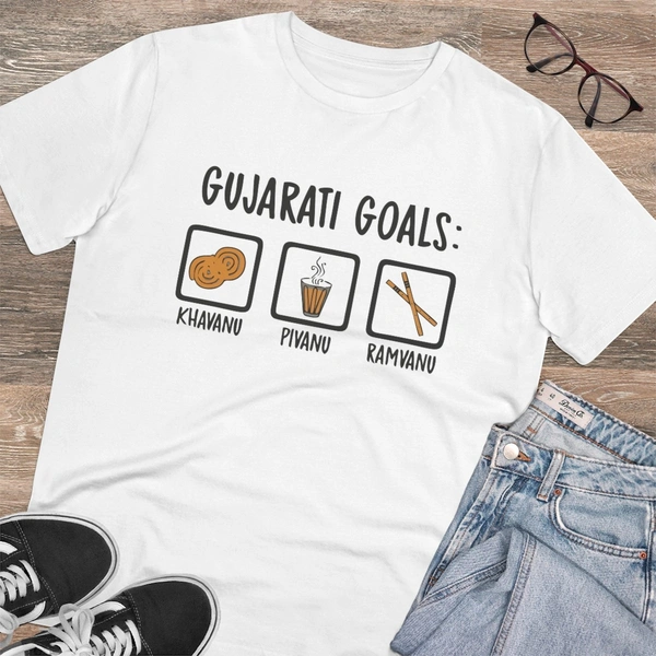 Men's PC Cotton Gujarati Goals Printed T Shirt (Color: White, Thread Count: 180GSM) - White, 0.25, Solid, M