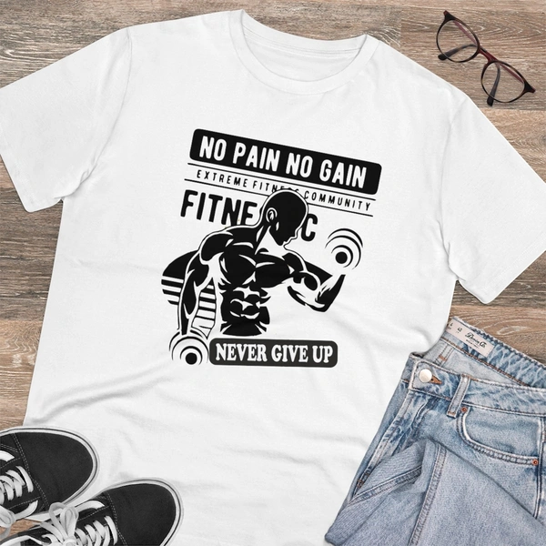 Men's PC Cotton Gym No Pain No Gain Never Give Up Printed T Shirt (Color: White, Thread Count: 180GSM) - White, 0.25, Solid, 2XL