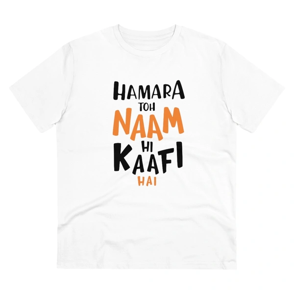 Men's PC Cotton Hamara To Name Hi Kaafi Hai Printed T Shirt (Color: White, Thread Count: 180GSM) - White, 0.25, Striped, L