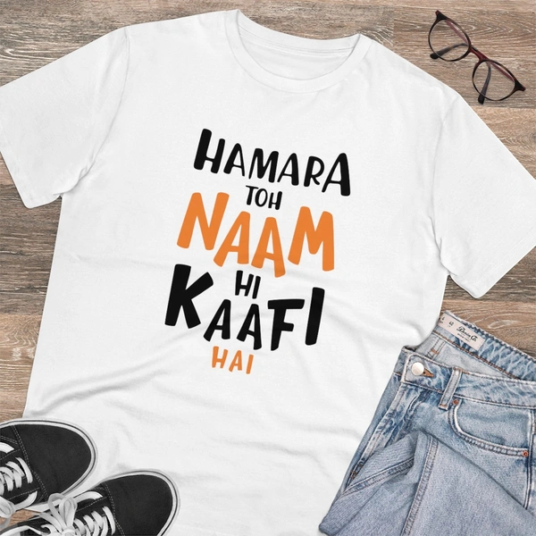 Men's PC Cotton Hamara To Name Hi Kaafi Hai Printed T Shirt (Color: White, Thread Count: 180GSM) - White, 0.25, Striped, L