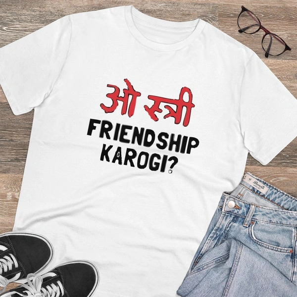 Men's PC Cotton Oo Shtree Friendship Karogi Kya Printed T Shirt (Color: White, Thread Count: 180GSM) - White, 0.25, Printed, L