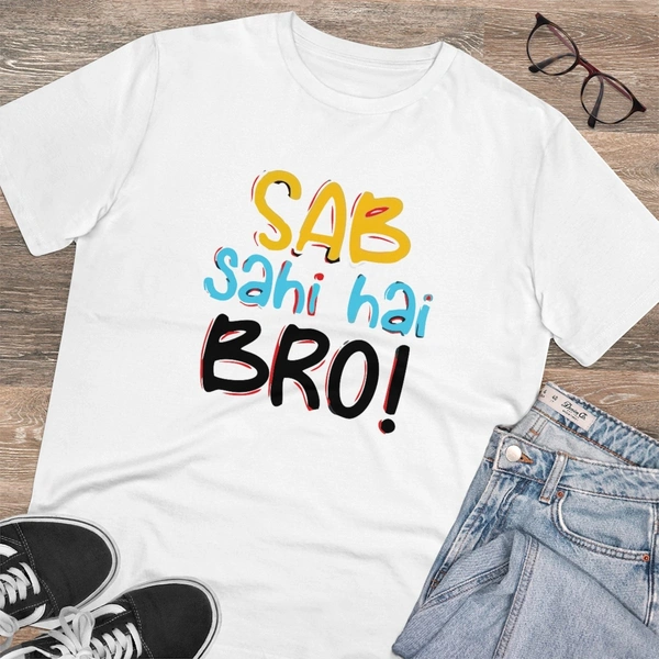 Men's PC Cotton Sab Sahi Hai Bro Printed T Shirt (Color: White, Thread Count: 180GSM) - White, 0.25, Striped, S