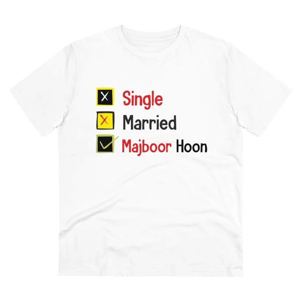 Men's PC Cotton Single Married Majbur Printed T Shirt (Color: White, Thread Count: 180GSM) - White, 0.25, Solid, M