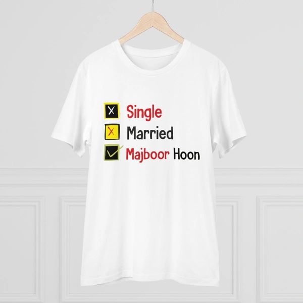 Men's PC Cotton Single Married Majbur Printed T Shirt (Color: White, Thread Count: 180GSM) - White, 0.25, Solid, M