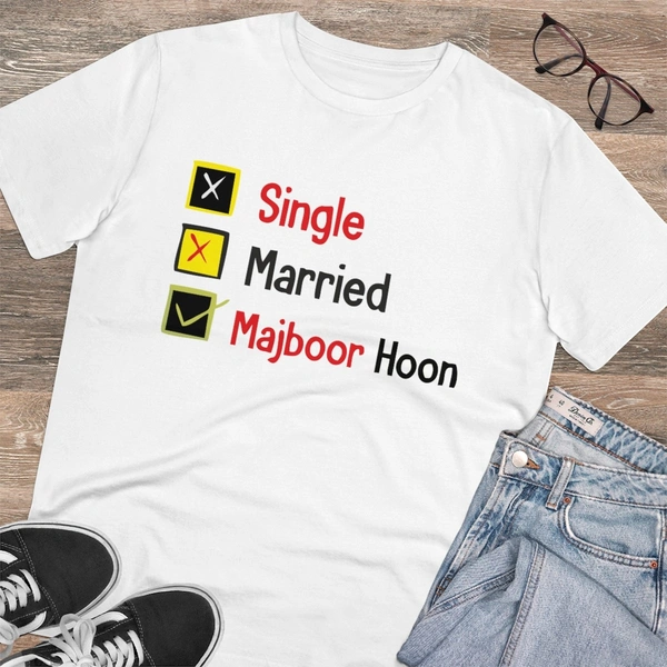 Men's PC Cotton Single Married Majbur Printed T Shirt (Color: White, Thread Count: 180GSM) - White, 0.25, Solid, M