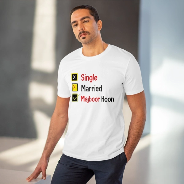 Men's PC Cotton Single Married Majbur Printed T Shirt (Color: White, Thread Count: 180GSM) - White, 0.25, Solid, M