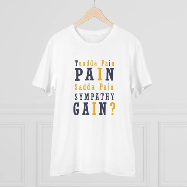 Men's PC Cotton Tuadda Pain Pain Sadda Pain Sympathy Gain Printed T Shirt (Color: White, Thread Count: 180GSM) - White, 0.25, Striped, 2XL