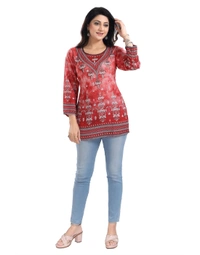 Women's 3/4th Sleeve Faux Crepe Tunic Short Top (Red) - XL, 0.45, Red