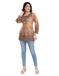 Women's 3/4th Sleeve Faux Crepe Tunic Short Top (Light Brown) - 3XL, 0.45, Light Brown