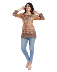 Women's 3/4th Sleeve Faux Crepe Tunic Short Top (Light Brown) - 3XL, 0.45, Light Brown