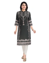 Women's 3/4th Sleeve Masleen Tunic Long Kurti (Olive Green) - S, 0.45, Olive Green