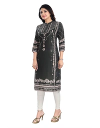 Women's 3/4th Sleeve Masleen Tunic Long Kurti (Olive Green) - S, 0.45, Olive Green