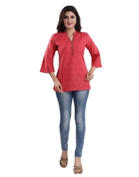 Women's 3/4th Sleeve Polyester Blend Tunic Short Top (Red) - M, 0.45, Red