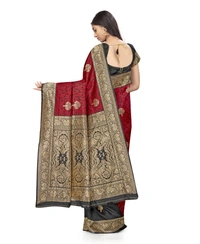 Women's Banarasi Silk Saree With Blouse (Black, Red, 5-6Mtrs) - Black- Red, 0.45
